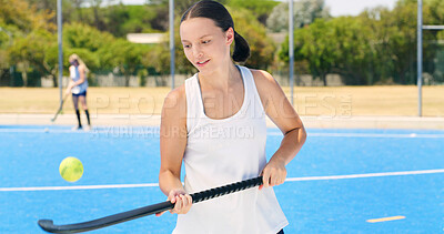 Buy stock photo Hockey, ball and woman outdoor with stick for training, workout and exercise for competition. Sports team, athlete and person with gear for match, game and tournament for hobby, practice or fitness