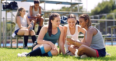 Buy stock photo Sports, outdoor and women with cellphone, relax and conversation with game results. Online chatting, group and friends with connection, smartphone and communication with fitness, smile and break