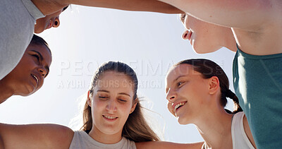 Buy stock photo Group, happy and talk outdoor for fitness routine, hug and support with exercise club in low angle. People, runner and embrace in circle with sky, smile or friends with motivation for training