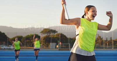 Buy stock photo Happy, athlete and woman cheering for hockey success, fitness achievement and sports champion. Excited, female person and celebration for competition victory, score goal and tournament accomplishment