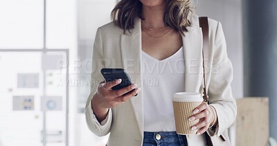 Buy stock photo Hands, coffee and business woman with phone, networking or check email for social media update. Mobile, drink and marketer in office for communication, review campaign or post schedule on internet