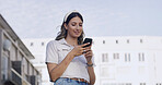 Reading, smile and woman in city with phone, post reaction or chat update on afternoon stroll. Happy, digital and girl in urban area with mobile, internet scroll or online messaging on outdoor walk.