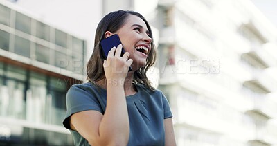 Buy stock photo Business, woman or laugh with phone call in city for real estate deal, funny client or commercial sale. Realtor, happy person and property contact outdoor for lease joke, listing negotiation or below