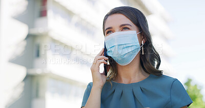 Buy stock photo Woman, phone call and face mask in city, talk and contact for property investment deal. Person, smartphone and real estate agent with ppe, communication and listen with discussion on street in town