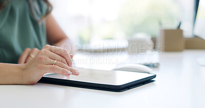 Buy stock photo Tablet, hands and businesswoman in office with research for finance report with budget planning. Digital technology, email and female financial advisor working on investment proposal in workplace.