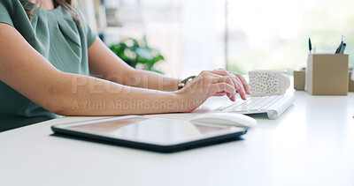 Buy stock photo Keyboard, tablet and hands of businesswoman in office with typing for research on finance report with budget. Tech, desk and financial advisor working online for investment proposal in workplace.