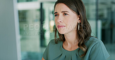 Buy stock photo Employee, reading and woman with computer, office and check for mistake on web, reporter or creative. Review, article and editing with tech in newsroom, journalist and plan for magazine publication