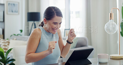 Buy stock photo Success, smile or woman in house with tablet, good news or career opportunity in remote work. Happy, digital and female person at home with tech, promotion or achievement in professional development.