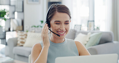 Buy stock photo Headset, laptop and remote work with woman in living room of home for customer service or support. Communication, computer and smile of freelance employee in apartment for help or virtual assistance