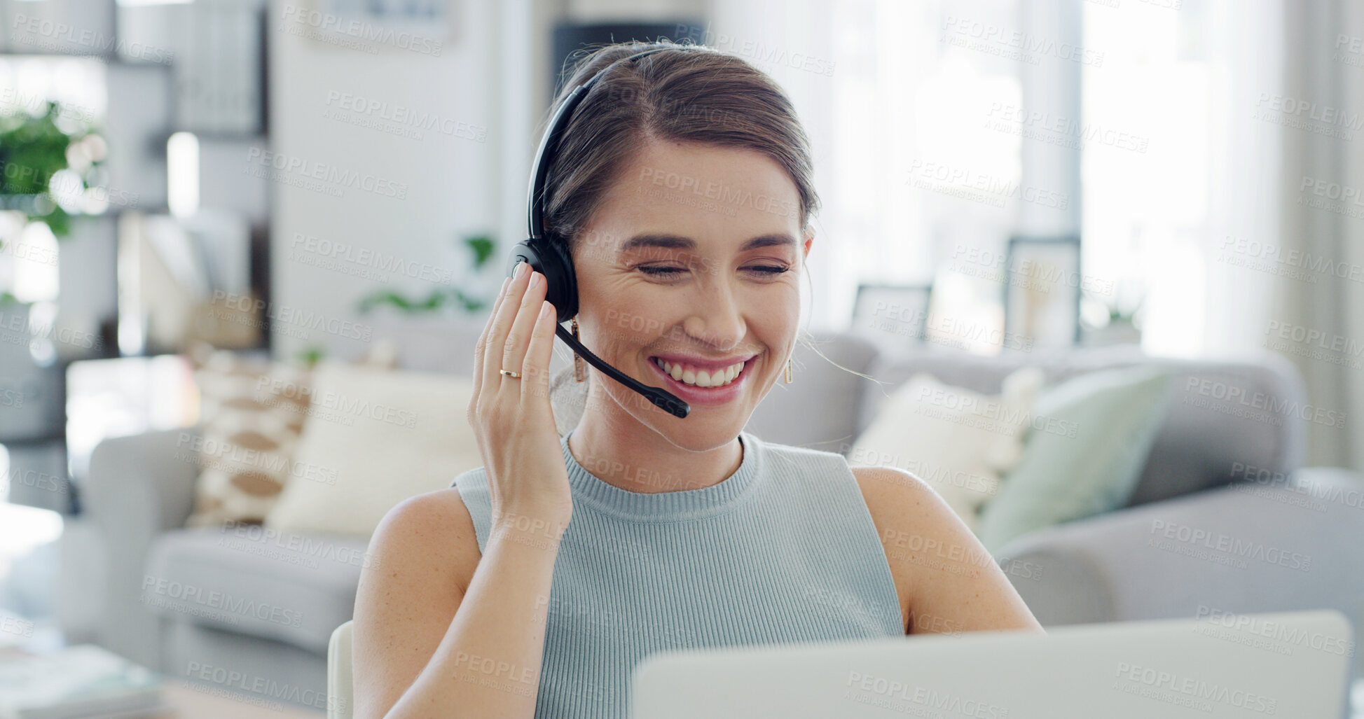 Buy stock photo Headset, laptop and remote work with woman in living room of home for customer service or support. Communication, computer and smile of freelance employee in apartment for help or virtual assistance