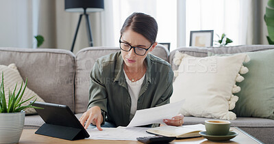 Buy stock photo Document, remote work and woman in home for budget, accounting or investment savings. Serious, freelance accountant and paperwork for financial planning, expenses or reading tax report for audit