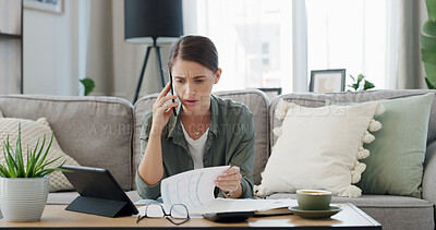 Buy stock photo Stress, woman and documents with phone call in home for enquiry, financial debt and payment error. Confused, person and paperwork with mobile to contact bank, finance issues and concern for expenses