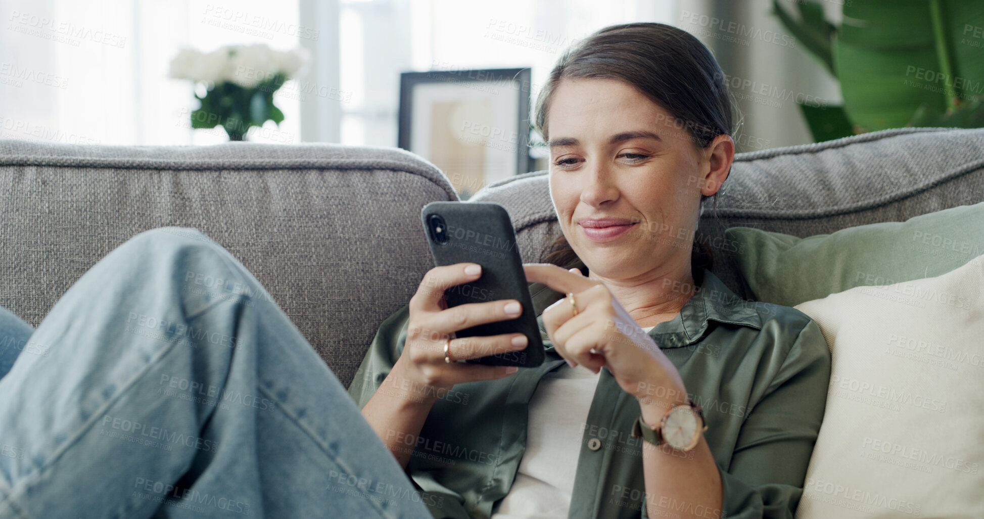 Buy stock photo Woman, smile or scroll on sofa with phone for social media, text message chat and online dating. Female person, reading and browsing on couch with tech for mobile app, internet or networking in home.