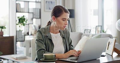 Buy stock photo Research, laptop and businesswoman in home with remote work for finance report with budget. Computer, freelancer and female financial manager working on investment deal with coffee in apartment.