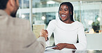 Business people, handshake or meeting with documents for hiring, interview or partnership in office. Businessman, woman or employee shaking hands with smile for recruiting process or b2b in workplace