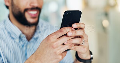 Buy stock photo Happy, man and hands with smartphone, office and communication with contact on break and networking. Typing, message and person with smile for mobile app, connection and texting on social media