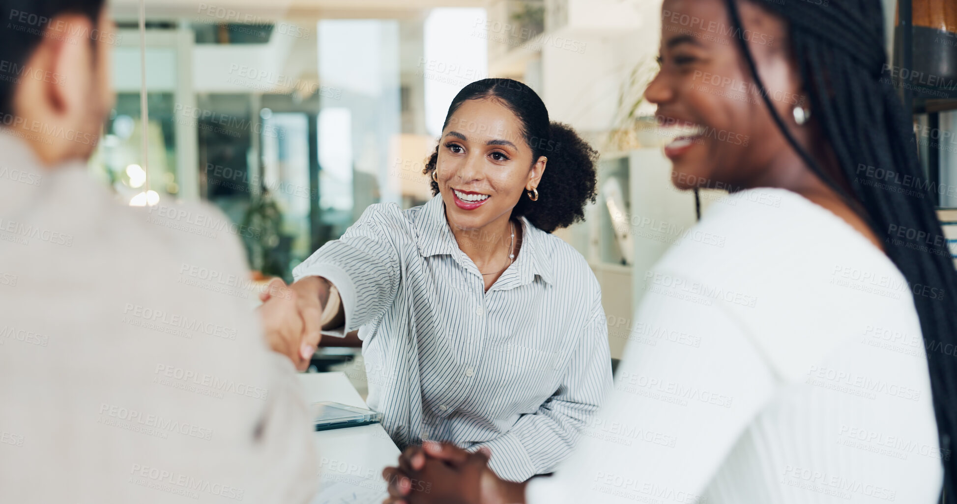 Buy stock photo Business people, handshake and happy for hiring at office with welcome, thanks and agreement at company. Women, man and shaking hands with smile, recruitment or excited for onboarding at HR agency
