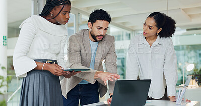 Buy stock photo People, meeting and talk with laptop in office for discussion, finance planning and budget review. Team, explain and tech with financial report, schedule update and funding information for investment