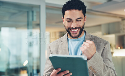 Buy stock photo Fist pump, success and tablet with business man in glass office for bonus or celebration. App, milestone and smile of excited employee person in agency workplace for achievement, deal or target