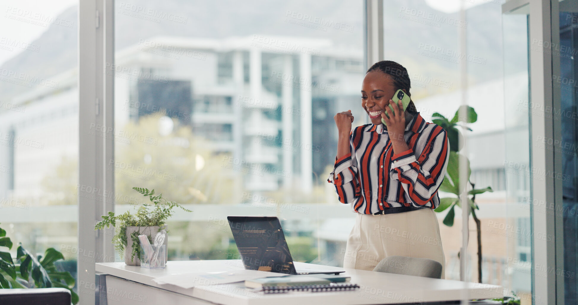 Buy stock photo Phone call, fist pump and black woman with laptop for celebration, success and good news. African person, consultation and excited in workplace with promotion, achievement and customer service goals