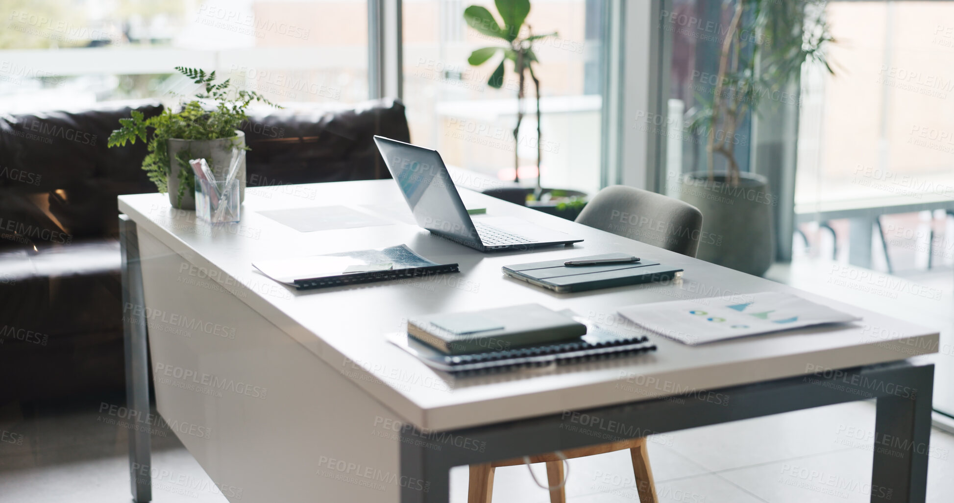 Buy stock photo Empty office, laptop and tablet with documents for data analysis, stats review and financial growth. Desk, computer and digital tech with paperwork for research info, business report and investment.