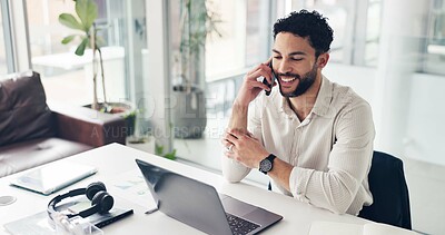 Buy stock photo Phone call, business man and conversation in office for financial negotiation, advice and feedback. Mobile, talk and happy wealth advisor in workplace for investment, budget planning or communication