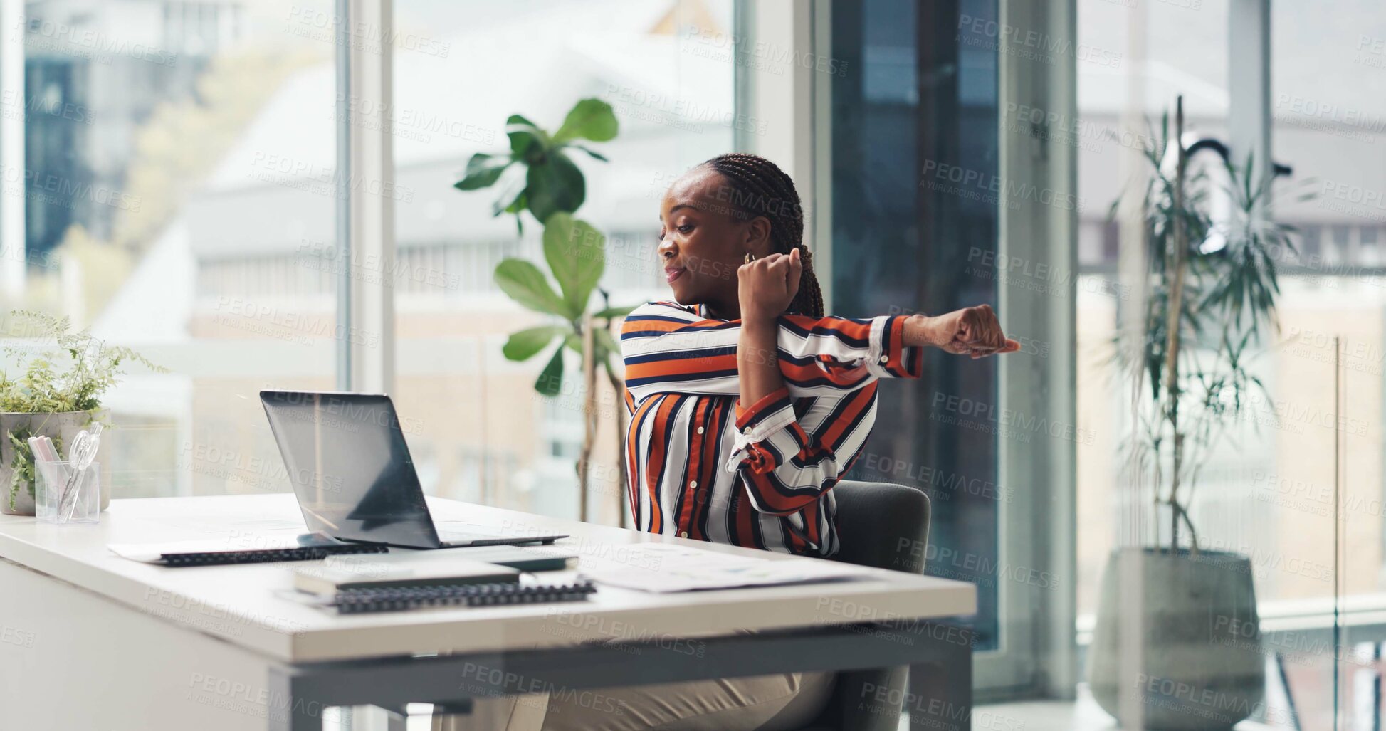 Buy stock photo Laptop, business woman and stretching in office to start work, productivity and budget review. Finance manager, black person and online tutorial at desk for muscle relief, posture or financial report
