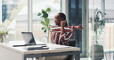 Buy stock photo Laptop, business woman and stretching in office to start work, productivity and budget review. Finance manager, black person and online tutorial at desk for muscle relief, posture or financial report