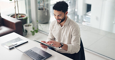 Buy stock photo Tablet, happy and businessman with laptop in office with research for finance project with company budget. Digital technology, computer and financial manager with investment proposal in workplace.