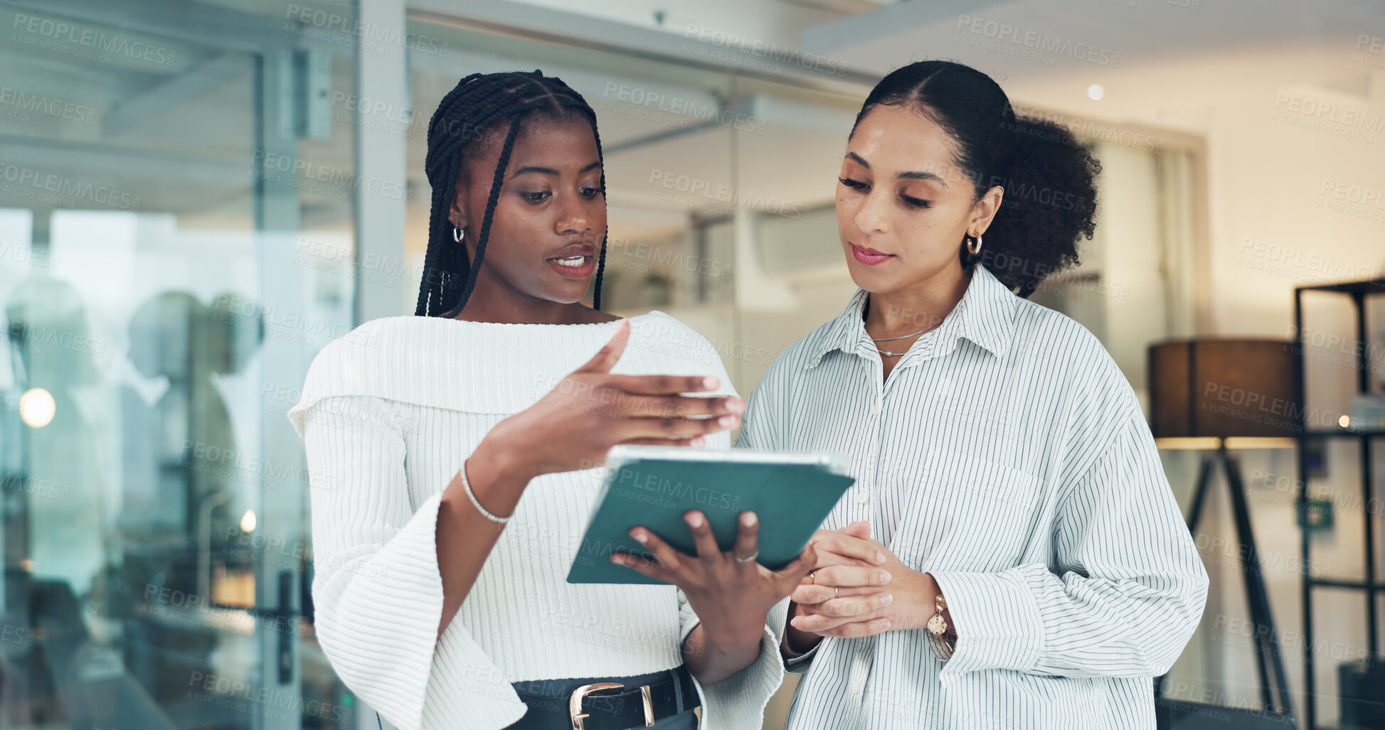 Buy stock photo Review, conversation or women in office with tablet, feedback or discussion for client pitch. Digital, team or consultant in agency with tech, research tips or collaboration for stakeholder proposal.