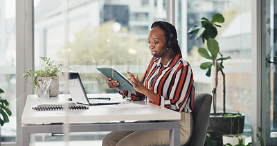 Buy stock photo Browsing, telemarketer and woman with tablet, call center or communication with headset and research. Online, agent and black person with mic for telemarketing, lead generation and customer service