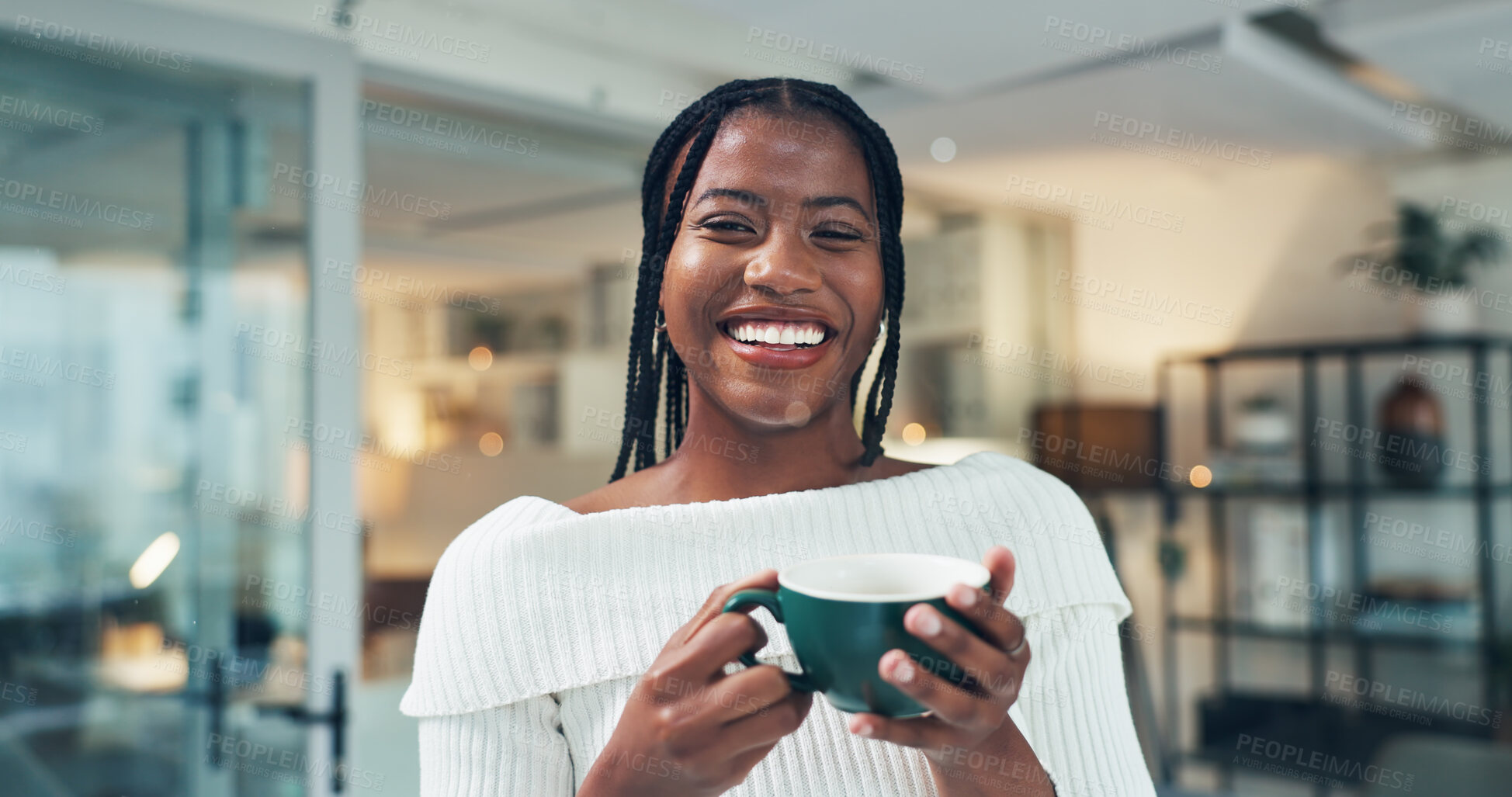 Buy stock photo Consultant, portrait and black woman in office with coffee, about us or pride as corporate strategist. Smile, professional and employee in agency with mug, confidence and experience as advisor.