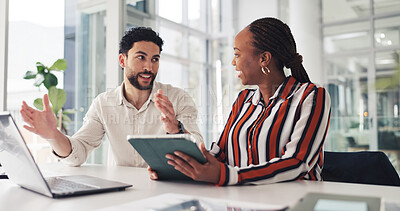 Buy stock photo Review, team or people in office with tablet, collaboration or market research for brand image. Discussion, happy or analyst in agency with tech, planning or partnership for business identity.