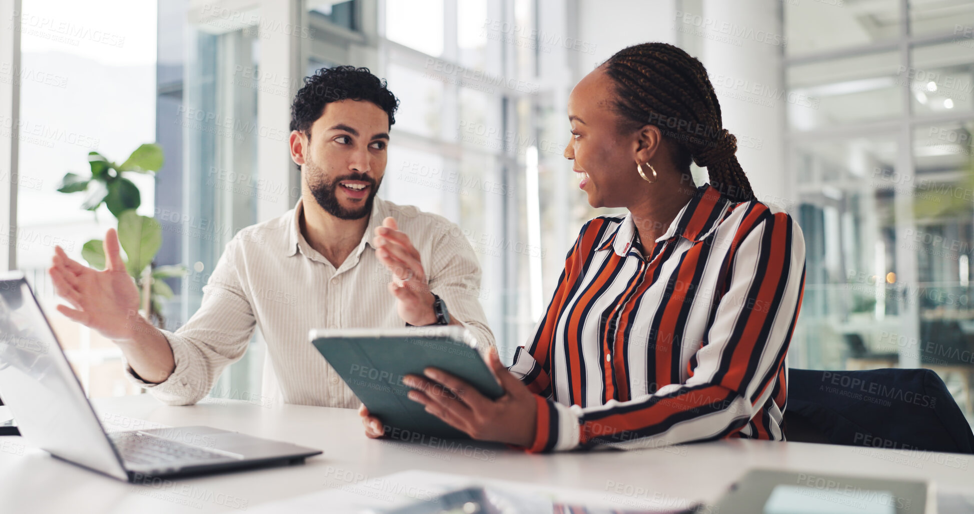 Buy stock photo Review, team or people in office with tablet, collaboration or market research for brand image. Discussion, happy or analyst in agency with tech, planning or partnership for business identity.