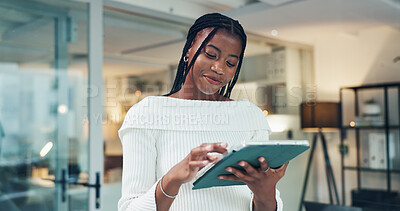 Buy stock photo Tablet, reading and black woman in office with research for development of banking app for business. Digital technology, professional and African female fintech engineer with investment platform.