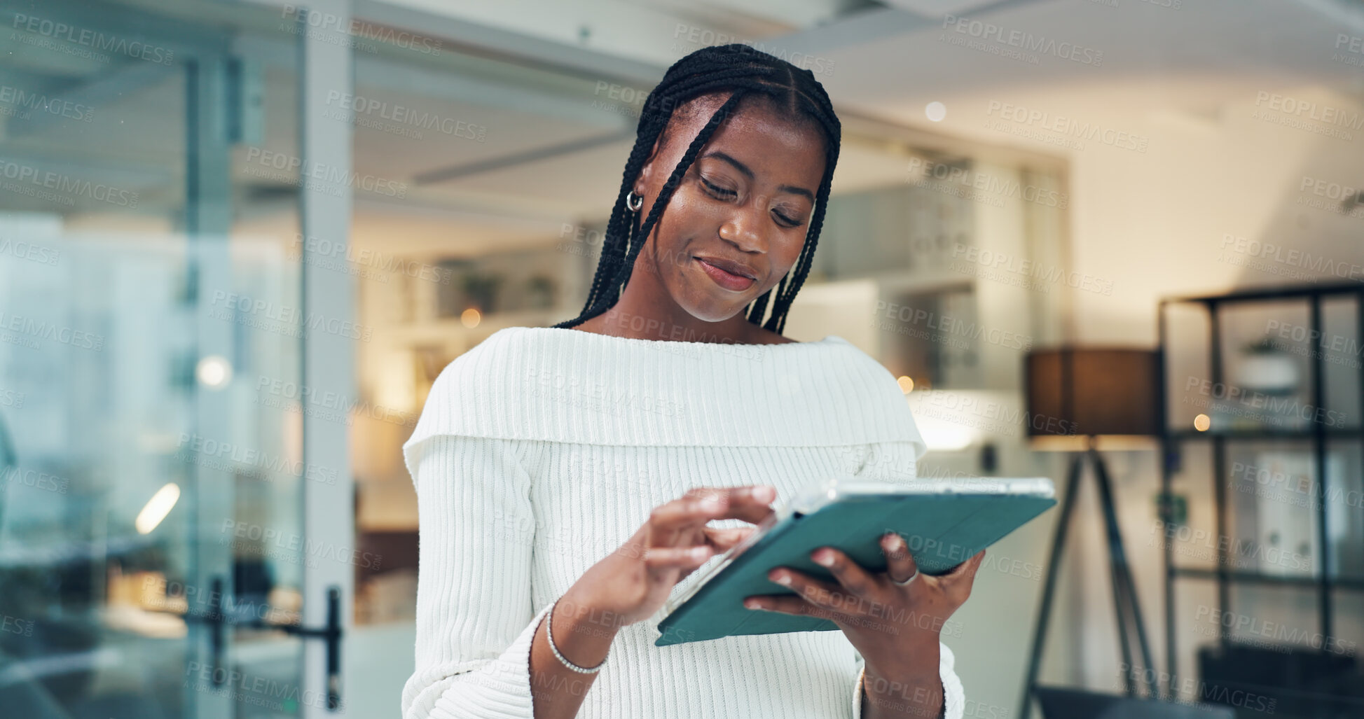Buy stock photo Tablet, reading and black woman in office with research for development of banking app for business. Digital technology, professional and African female fintech engineer with investment platform.