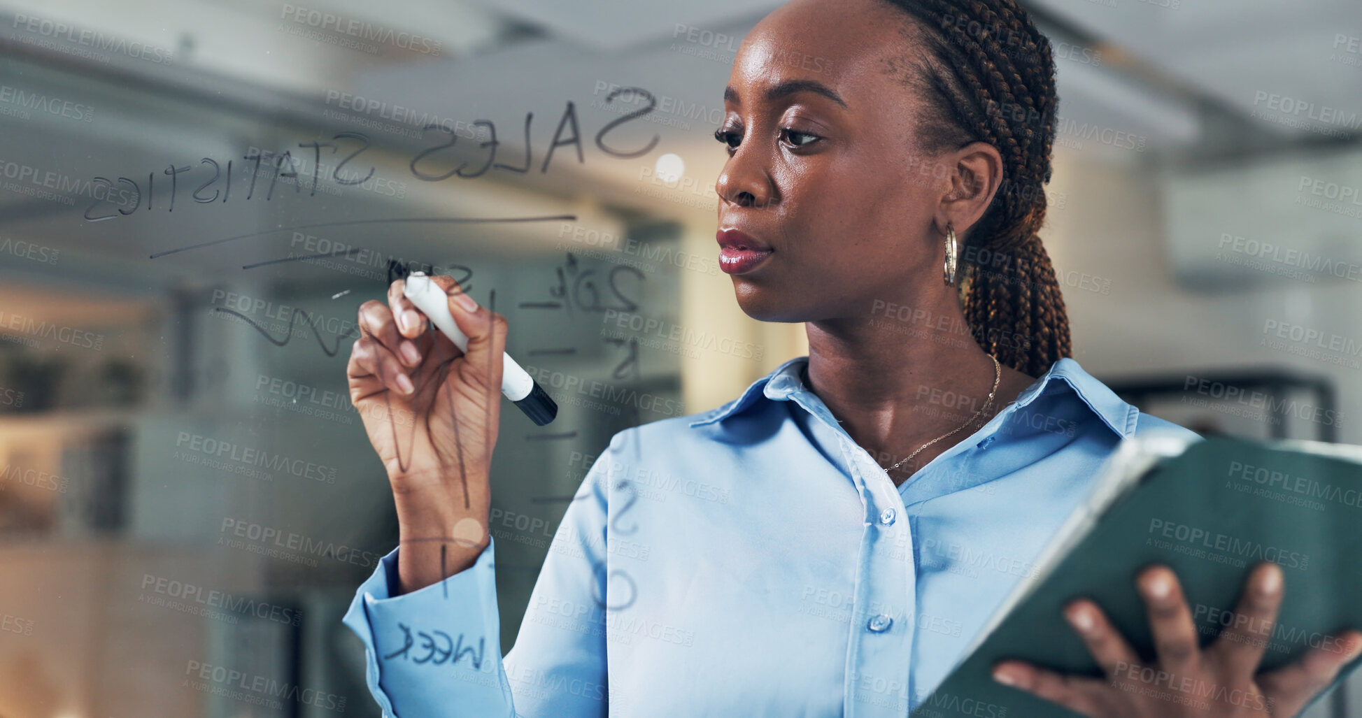 Buy stock photo Black woman, writing or schedule planning with tablet on glass board for tasks or agenda in office. Female person, employee or taking notes with technology for sales statistics, idea or brainstorming