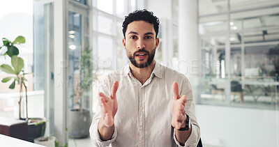 Buy stock photo Video call, portrait and advisor with business man in office for webinar, online meeting and presentation. Virtual conference pov, discussion and chat with person in agency for connection and talking