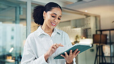 Buy stock photo Tablet, smile and business woman in office for research, social media marketing or night. Technology, reading and marketer in workplace for review, ad campaign and post update online on deadline