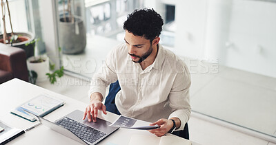 Buy stock photo Top view, finance or man in office with laptop, economy forecast or risk analysis for company report. Digital, stats or analyst in agency with tech, data and performance review in budgeting project.