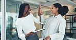 Woman, high five and tablet with team at office, celebration or excited for success at finance agency. People, partner and happy with motivation, achievement and app for profit goals at company