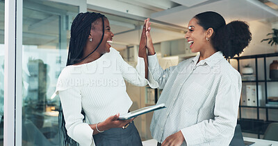 Buy stock photo Woman, high five and tablet with team at office, celebration or excited for success at finance agency. People, partner and happy with motivation, achievement and app for profit goals at company