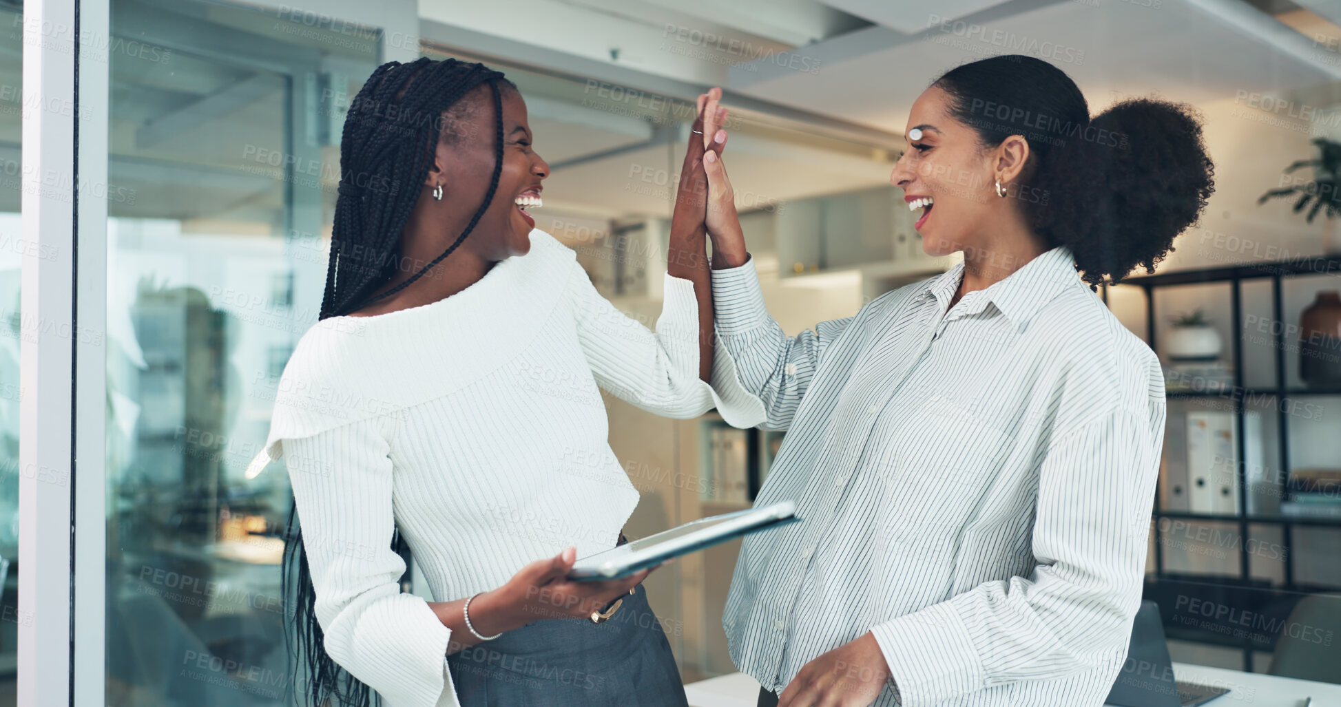 Buy stock photo Woman, high five and tablet with team at office, celebration or excited for success at finance agency. People, partner and happy with motivation, achievement and app for profit goals at company