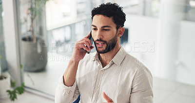 Buy stock photo Phone call, business man and talk in office for financial negotiation, advice and feedback. Mobile, conversation and wealth advisor in workplace for investment, budget planning and communication