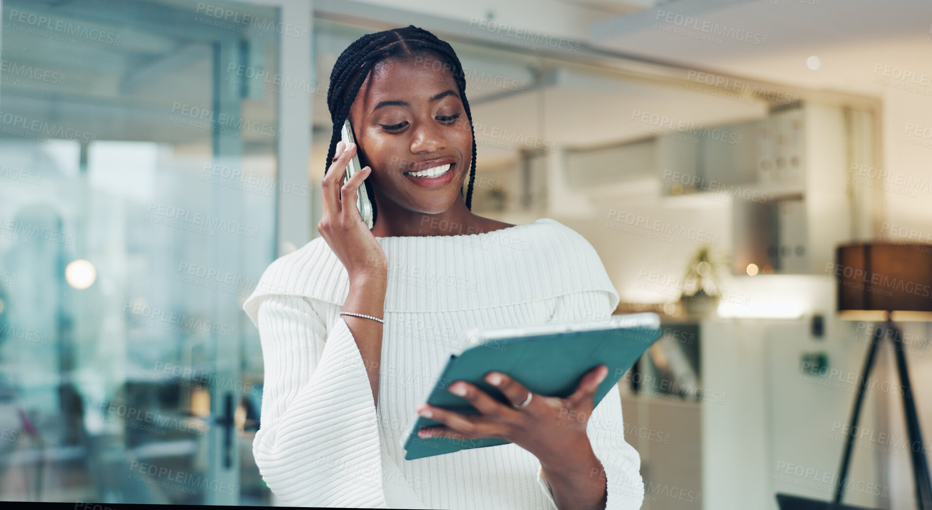 Buy stock photo Tablet, business woman and happy with phone call for article info, story interview or questions. Journalist, black person or contact source with tech to confirm schedule, publication feedback or chat