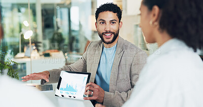 Buy stock photo Meeting, business man and tablet screen with graphs for financial stats, kpi or stock market. Team, happy people and tech with chart for data analysis, risk management or trading discussion in office