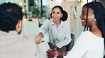 Business people, handshake and smile for interview at office with hiring, thanks and agreement at meeting. Women, man and shaking hands with deal, recruitment or excited for onboarding at HR agency