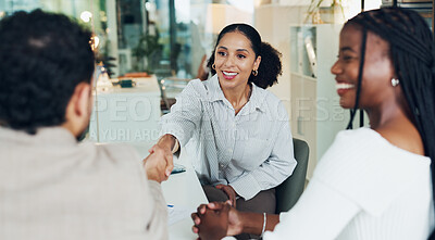 Buy stock photo Business people, handshake and smile for interview at office with hiring, thanks and agreement at meeting. Women, man and shaking hands with deal, recruitment or excited for onboarding at HR agency