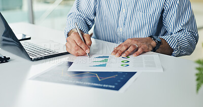 Buy stock photo Businessman, hands and writing with documents for analytics, company statistics or review. Man, employee or analyst with paperwork, graph or chart on laptop for performance, revenue or data in office