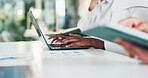 Hands, business and person with laptop in office for data analysis, finance report and profit stats. People, typing and pc with documents, financial infographic and revenue growth for risk assessment